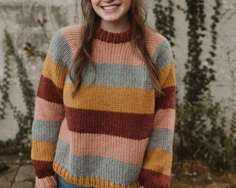 Emberglow Striped Raglan Sweater Knitting Pattern || Top Down, Seamless || Bulky Wool Yarn || Modern & Cozy Womens Pullover || English PDF