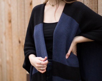 Oversized Cardigan-Like Wrap Knitting Pattern // Very Easy Striped Stockinette Blanket Wrap // Seamless One Piece / One Size / Seattle / PDF