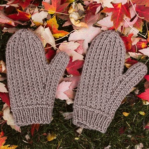 Puede incluir: Un par de guantes tejidos de color marrón claro, sobre un lecho de hojas de otoño caídas. Los guantes están hechos con un patrón de punto sencillo y tienen un puño de canalé.