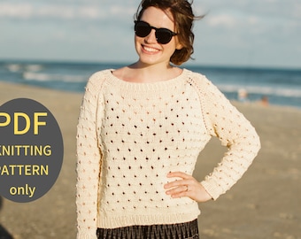 Lace Raglan Sweater Knitting Pattern // Womens Eyelet Summer Pullover // Haifoss // Top Down Seamless Sweater Adult // Worsted Cotton Yarn