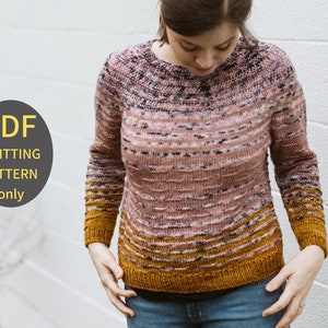 May include: A PDF knitting pattern for a striped sweater with a pink, purple, and yellow color scheme. The text "PDF Knitting Pattern only" is in a circle.