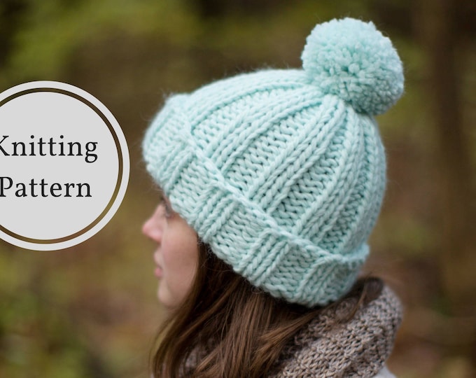 Knitting Pattern Chunky Knit Hat Pompom Winter Toque Thick Solid Easy ...