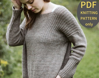 Womens Drop Shoulder Sweater Knitting Pattern // Husavik // Simple Ribbed Fisherman Pullover w/ Split Hem / Modern Classic Ladies Jumper PDF