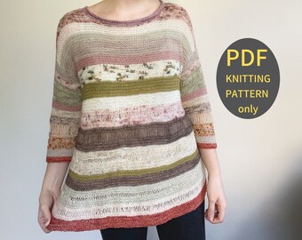 Easy Garter Yarn Scraps Sweater Knitting Pattern // Flo // Womens Colorful Drop Shoulder Pullover // Simple Colorful Scrappy Sweater // PDF