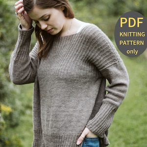 Womens Drop Shoulder Sweater Knitting Pattern // Husavik // Simple Ribbed Fisherman Pullover w/ Split Hem / Modern Classic Ladies Jumper PDF