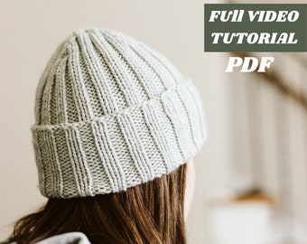 Beginner Ribbed Hat Knitting Pattern // Huckleberry // Quick & Easy Knit Beanie for Women // Handmade //Worsted, Aran Yarn // Video Tutorial