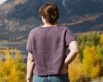 Alpine Hues Knitting Pattern || Classic Short Sleeve Womens Crop Top | DK Light #3 || Fully Charted | Top Down Textured Ladies Sweater | PDF