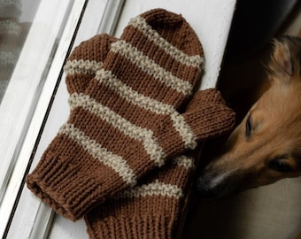 Crestfall Mittens Knitting Pattern || Aran Yarn Quick & Easy Knit Project || 2 Color Striped Texture || Magic Loop or DPN || PDF Download