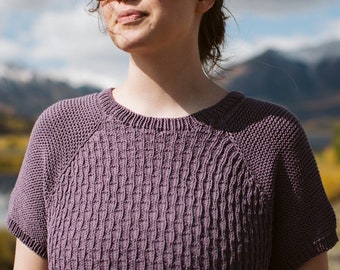 Alpine Hues Knitting Pattern || Raglan Short Sleeve Womens Sweater || DK Light #3 || Fully Charted | Top Down Textured Crop Ladies Top | PDF