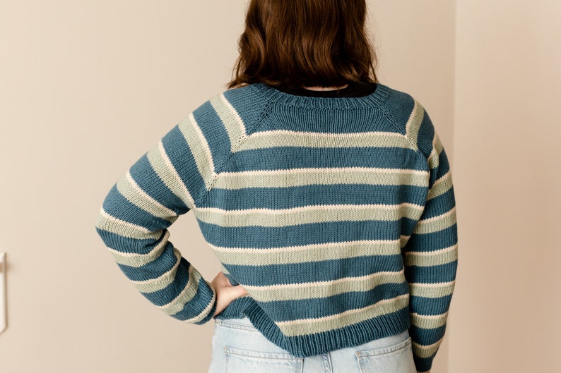 May include: A blue and green striped sweater with long sleeves and a crew neck.