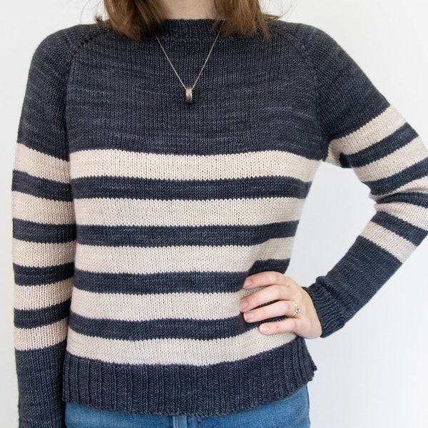 Womens Striped Raglan Sweater Knitting Pattern // Thun // Ladies Classic Top Down Seamless Pullover // DK Yarn // Plus Size Inclusive // PDF