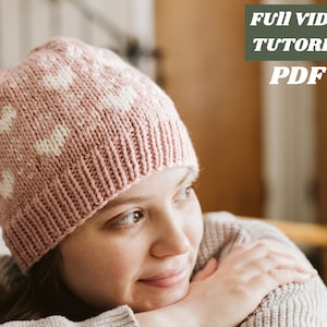 Heart Colorwork Valentine Hat w/ Video Tutorial // Womens Hat Beginner Fair Isle // Simple & Easy Beanie // Stranded Knit Colorwork // PDF