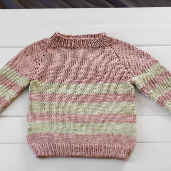 Kids Raglan Sweater Knitting Pattern // Hand Knit Baby Sweater  // Striped Top Down Seamless Pullover in 2 Colors // Easy DK Project // PDF