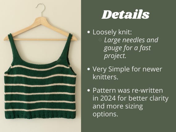 KNITTING PATTERN - Emerald Tank Top || Easy Striped Womens