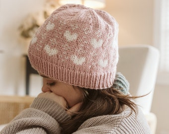 Handmade Hand Crafted Knit Heart to Heart Hat Pink Adult/Teen size Purl Hearts Beanie Hat Knitting Pattern - PurlsAndPixels main image 4