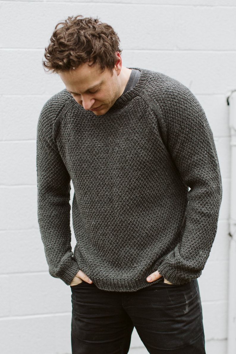 Mens Sweater Knitting Pattern // Obersee // Male Textured Knitted Sweater // Top Down Seamless Raglan // Classic Moss Stitch // DK Project image 7