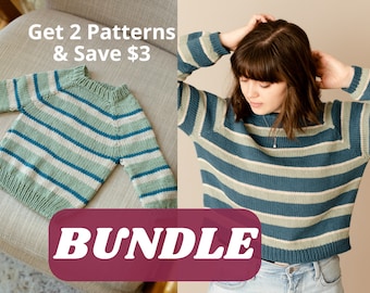 Mommy & Me Sweater Bundle || 2 PDFs - Adult and Baby Raglan Knitting Patterns || Striped Womens + Kids Pullover || 3 Colors Cotton DK Yarn