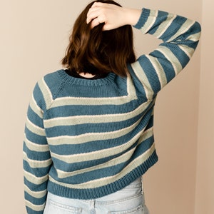 May include: A blue and white striped sweater with long sleeves and a crew neck.