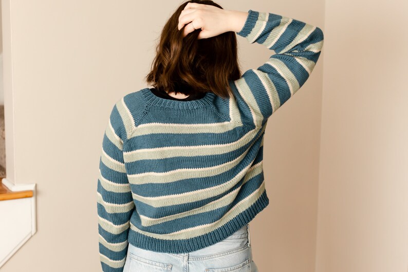 May include: A blue and white striped sweater with long sleeves and a crew neck.