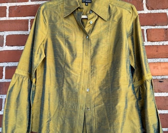 70s vintage  silk duppioni - iridescent gold & blue long sleeve button down shirt size 6.