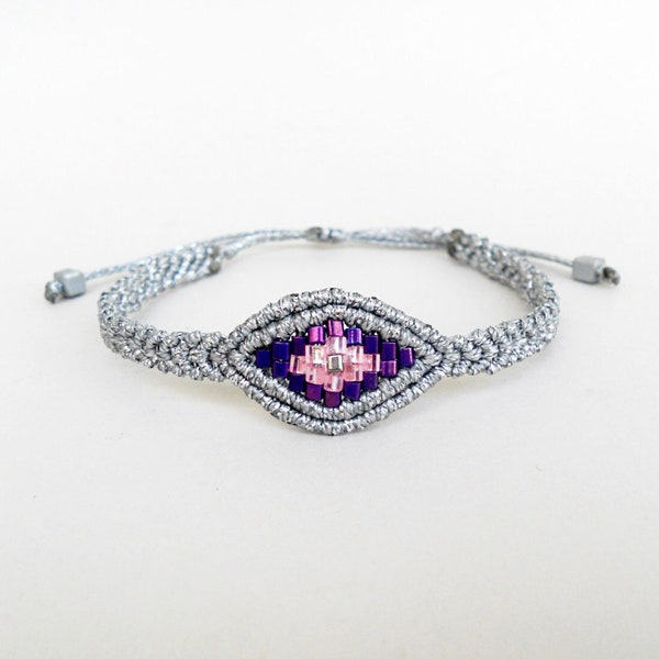 Βeaded evil eye silver Macrame bracelet, Mermaidcore All seeing devil protection, Geometric, Good luck, Lucky, Handmade waxed cord jewelry