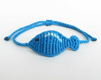 Teal Blue Fish Macrame Bracelet, Adjustable Cord Coastal Beach jewelry