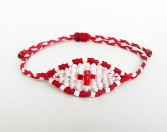 Martis Cross bracelet, 1st day of March, Made in Greece, Balkan custom, Red white string, Spring jewelry, Family gift, Beaded Braid bracelet