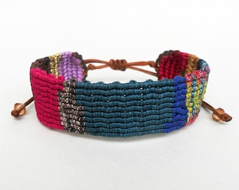 Colorful macrame cuff bracelet, Patchwork style, Adjustable, Boho Womens Gift, Handknotted wristband, Ethnic, Gypsy, Handwoven Cavandoli