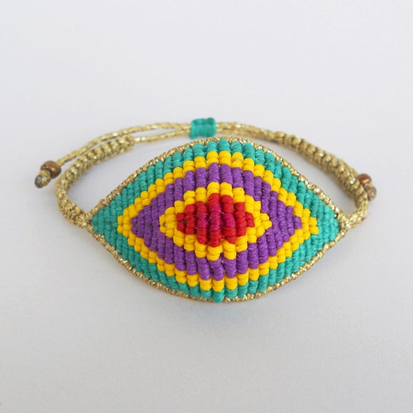 Bracelet macramé audacieux Big Evil eye Mal de ojo Cadeau femme Amulette tissée réglable de protection des yeux Boho Devil, Coloré, Boho, Bijoux ethniques