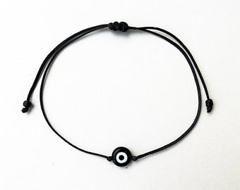 Pulsera de ojo malvado negro: cuentas de vidrio, cordón encerado, ajustable, amuleto de protección, regalo para equilibrar la energía.