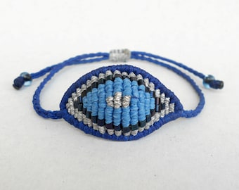 Blue and Silver Evil eye bracelet Beaded macrame bracelet Adjustable All seeing devil protection,Classic greek,Ethnic wrist waxed jewelry