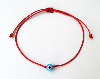 Evil eye bracelet, Red string Sphere glass bead Unisex Adjustable Simple Good luck Minimal Waxed cord Ethnic Stack spiritual gift Mal de ojo