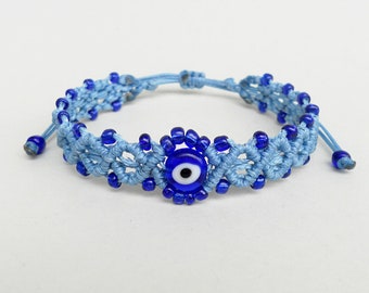 Blue evil eye, Micro macrame,Beaded bracelet Women gift Greek mati Adjustable Mal de ojo Talisman Protection amulet Dainty bracelet Delicate