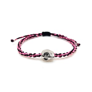 Silver Skull Bracelet: Black & Pink Waxed Cord, Goth Punk Jewelry