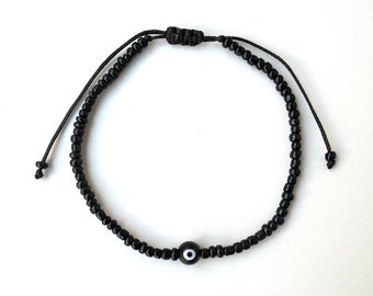 Evil Eye Bracelet Black beads Dainty, Minimalist, Simple, Lucky Bracelet, Good luck Bracelet, Seed bead bracelet, Beaded bracelet Mens gift