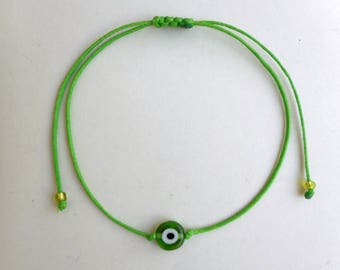 Green evil eye string bracelet Vegan gifts Greenery Micro macrame jewelry Bead thread bracelet Wax cord Lime green jewelry Minimalist gift