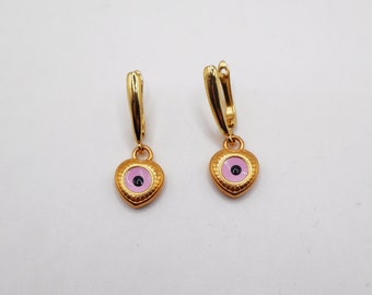 Pink evil eye Gold heart earrings, Mother's day gift for girlfriend, Barbiecore style aesthetic, Lever back earrings, Love jewelry for women