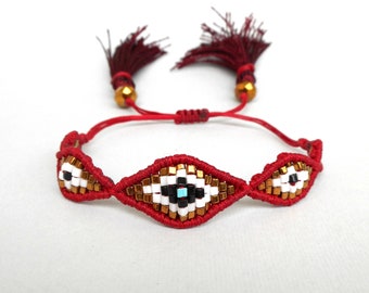 Evil eyes bracelet Beaded evil eye Tassel bracelet Burgundy red cuff 5 eyes bracelet Good luck amulet Mal de ojo Protection talisman Ethnic