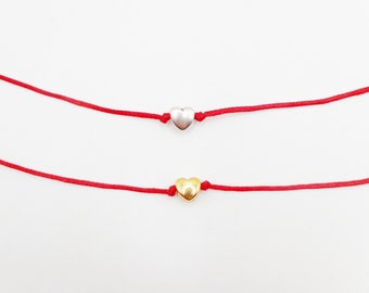 Tiny puffy heart necklace Red String choker Layering jewelry Silver Gold charm Birthday Gift for her Bridesmaid Maid of honor Anniversary