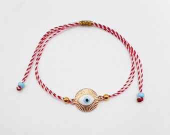 Evil eye gold enamel charm bracelet, Mothers day gift, Talisman Protection jewelry Twisted Red White string Greek Mati Family gift idea