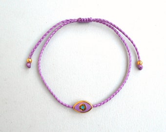 Lilac Evil eye gold charm bracelet, Braided bracelet, Every Day Bracelet, Protection jewelry, Spiritual gifts, Double sided enamel charm