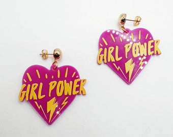 Girl Power Acrylic heart Earrings, Gift for her, Feminist jewelry, Laser cut plexiglass, Oversized statement Jewelry, Girl boss gift