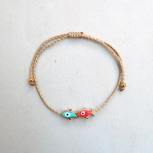 Salmon fish bracelet Braid bracelet,Coral pink string, Pisces zodiac Gold Enamel charm Minimal gift Turquoise Evil Eye Mini fish Small Fish