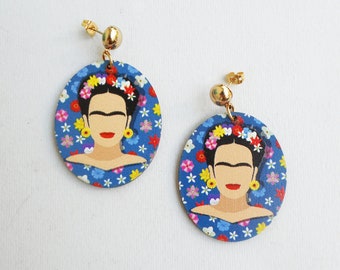 Frida Kahlo earrings Artist gifts Oval wooden earrings Feminist Statement jewelry Wearable Art Mexican Jewelry Painter gifts Bohemian Floral