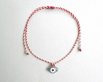 Evil eye bracelet Silver enamel charm, Waxed cord, Red and White, Twisted string bracelet, Greek Tradition Family gift ideas Martis bracelet
