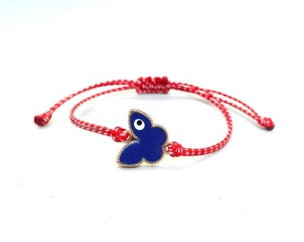 Butterfly Evil eye bracelet enamel charm cord Bracelet, New years resolution Martis Bracelet, Martisor Bracelet, Greek Martaki Red and White