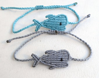 Macrame whale bracelet, Mommy and kid Ciel blue Unisex, Adjustable, Sea lover gifts Surfer Braided waxed cord woven jewelry Gift for him her