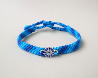 Blue Friendship bracelet, Evil eye bracelet, Pave rhinestone charm, Girlfriend gifts Unisex gift Strass crystal cotton bracelet, Mal de ojo