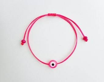 Hot pink Evil eye bead bracelet Waxed cord Neon pink jewelry Kids gift Greek mati jewelry Girly gift Party favors Protection amulet Talisman