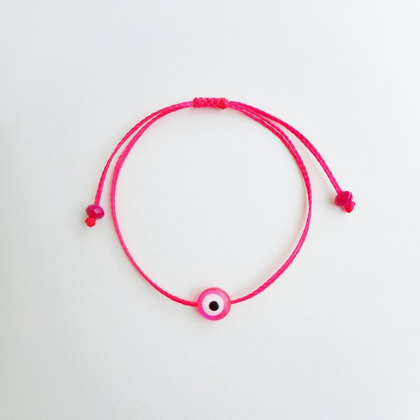 Hot pink Evil eye bead bracelet Waxed cord Neon pink jewelry Kids gift Greek mati jewelry Girly gift Party favors Protection amulet Talisman